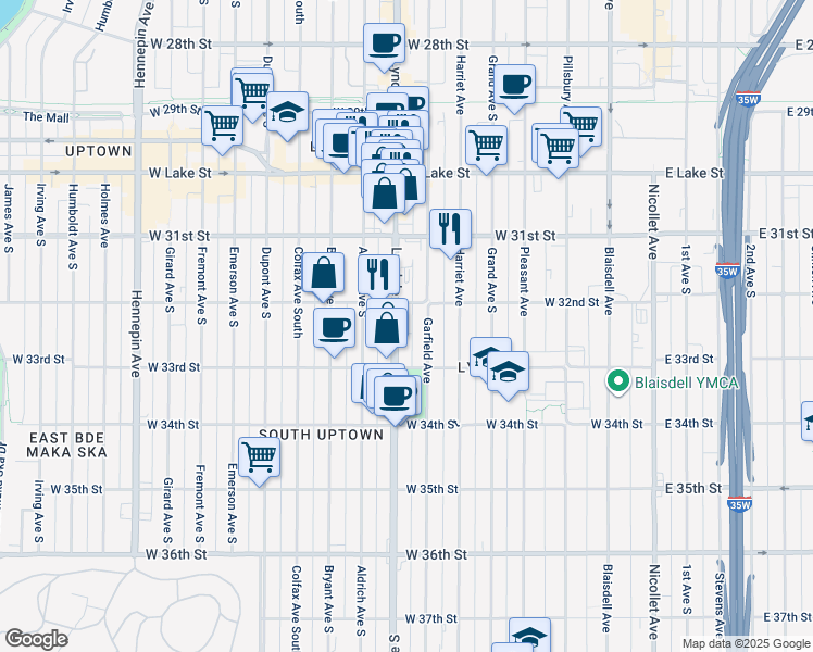 map of restaurants, bars, coffee shops, grocery stores, and more near 3203 Lyndale Avenue South in Minneapolis