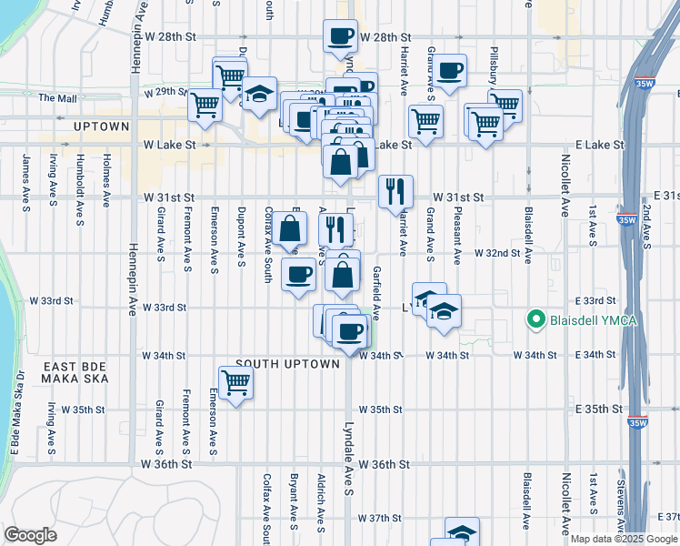 map of restaurants, bars, coffee shops, grocery stores, and more near 3203 Lyndale Avenue South in Minneapolis