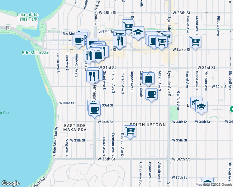 map of restaurants, bars, coffee shops, grocery stores, and more near 3201 Fremont Avenue South in Minneapolis
