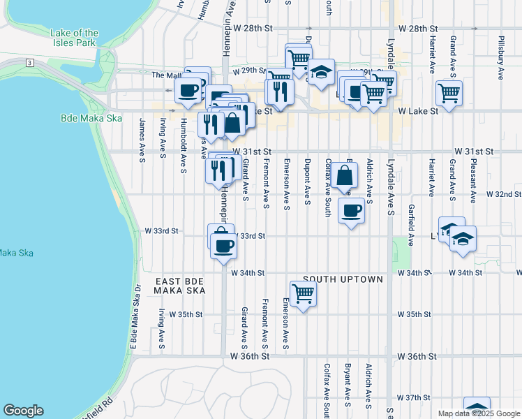 map of restaurants, bars, coffee shops, grocery stores, and more near 3201 Fremont Avenue South in Minneapolis