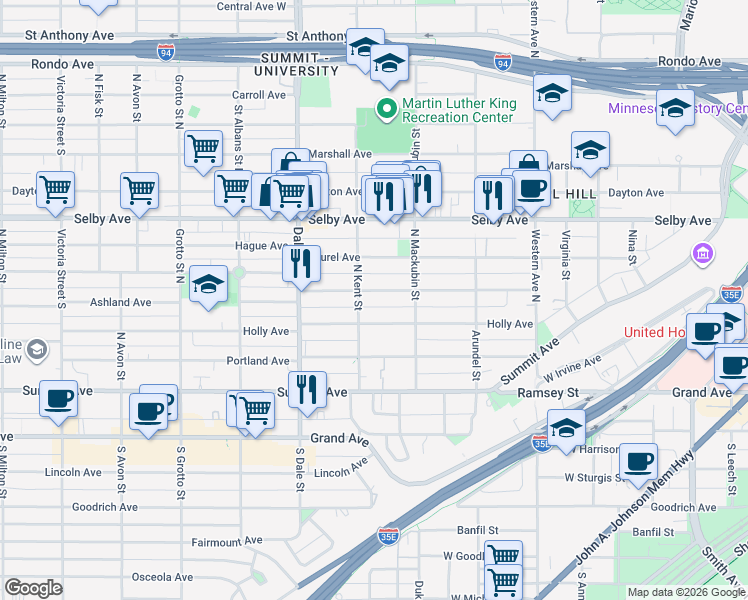 map of restaurants, bars, coffee shops, grocery stores, and more near 545 Ashland Avenue in Saint Paul