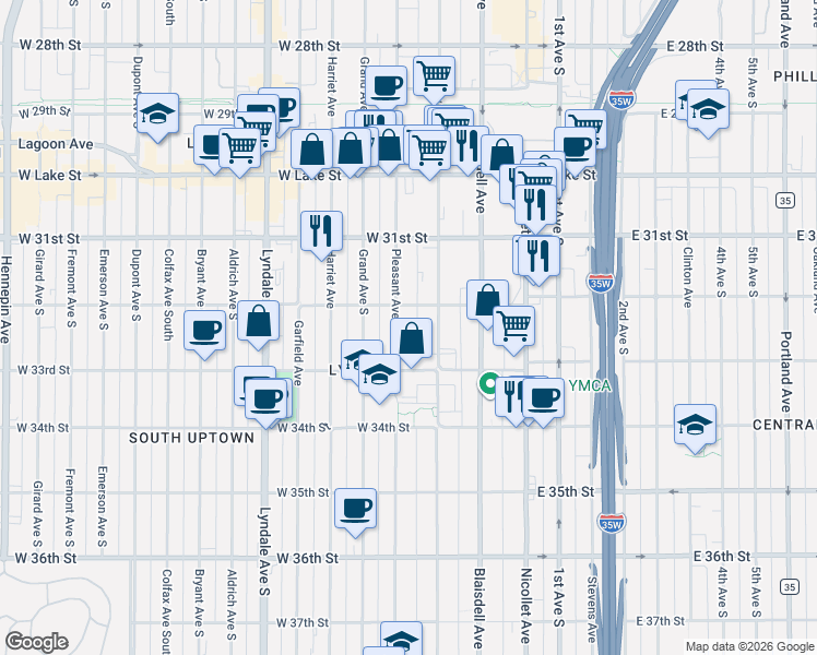 map of restaurants, bars, coffee shops, grocery stores, and more near 209 West 32nd Street in Minneapolis