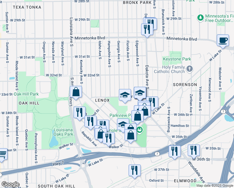 map of restaurants, bars, coffee shops, grocery stores, and more near 3236 Georgia Avenue South in Minneapolis
