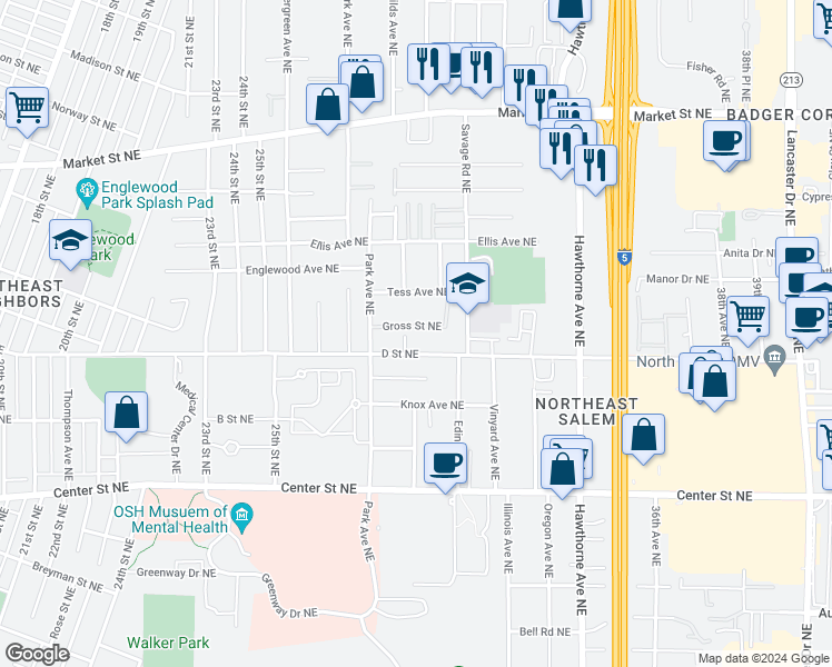 map of restaurants, bars, coffee shops, grocery stores, and more near 2985 D Street Northeast in Salem