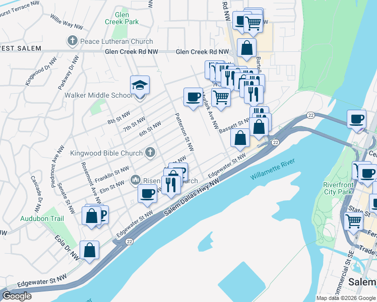map of restaurants, bars, coffee shops, grocery stores, and more near 1015 3rd Street Northwest in Salem