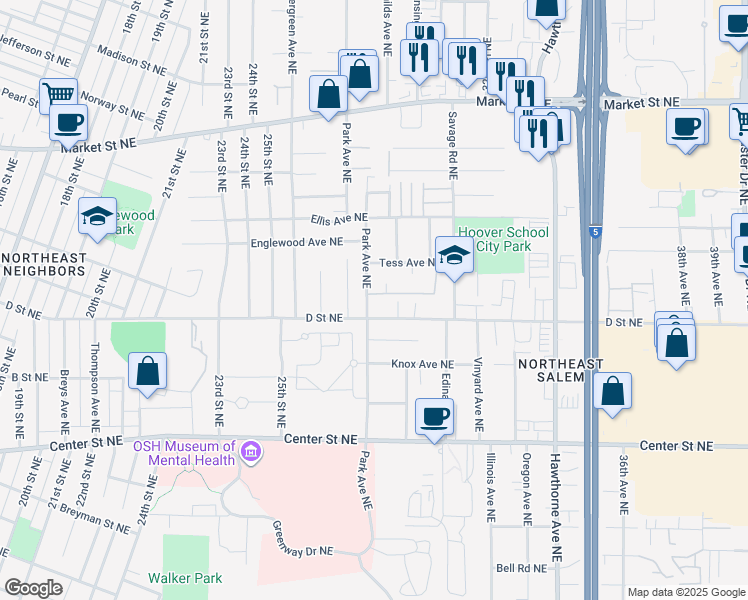 map of restaurants, bars, coffee shops, grocery stores, and more near 1036 Park Avenue Northeast in Salem