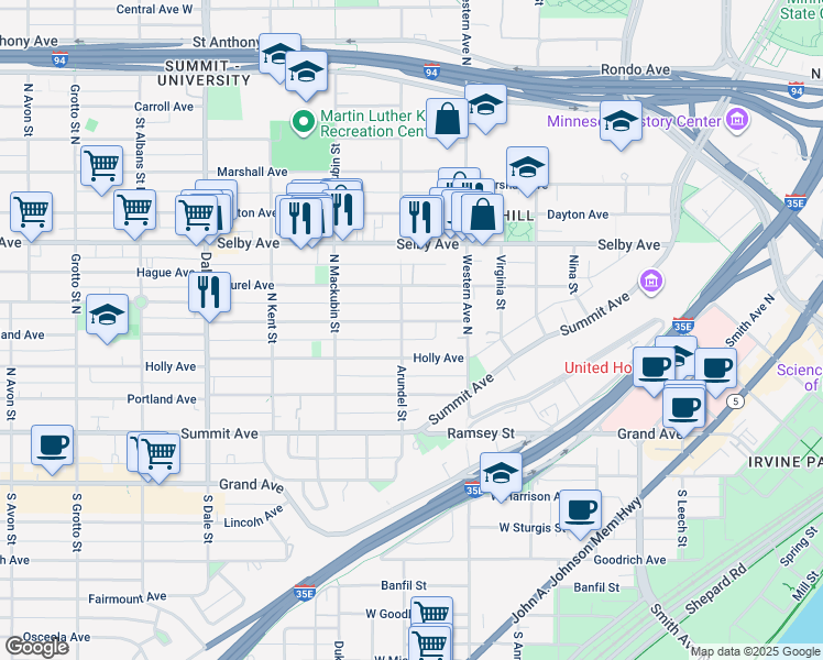 map of restaurants, bars, coffee shops, grocery stores, and more near 433 Ashland Avenue in Saint Paul