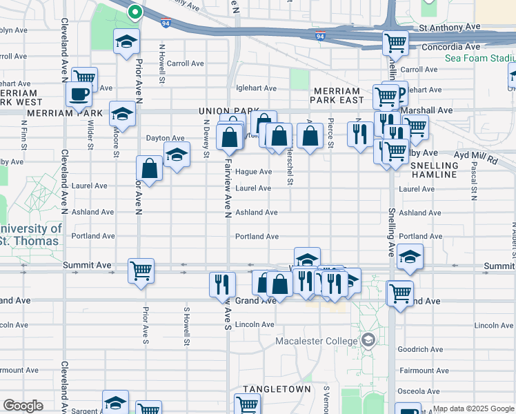 map of restaurants, bars, coffee shops, grocery stores, and more near 1773 Ashland Avenue in Saint Paul