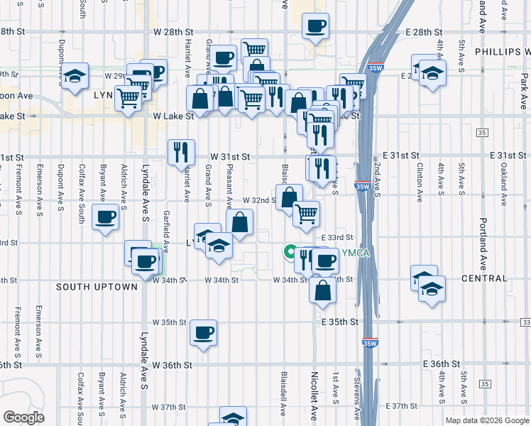 map of restaurants, bars, coffee shops, grocery stores, and more near 117 West 32nd Street in Minneapolis