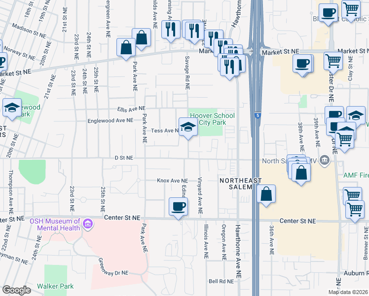 map of restaurants, bars, coffee shops, grocery stores, and more near 1045 Savage Road Northeast in Salem