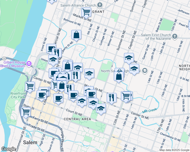 map of restaurants, bars, coffee shops, grocery stores, and more near 625 Winter Street Northeast in Salem