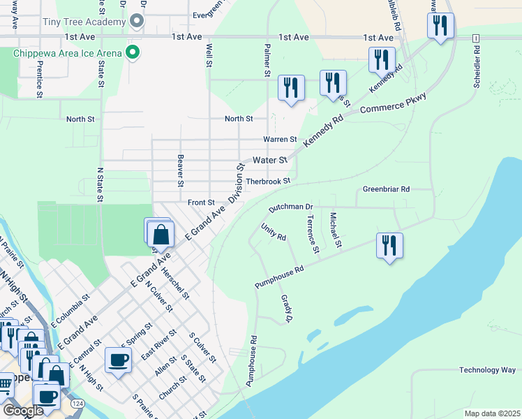 map of restaurants, bars, coffee shops, grocery stores, and more near 716 Dutchman Drive in Chippewa Falls