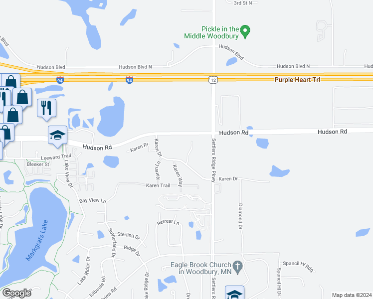 map of restaurants, bars, coffee shops, grocery stores, and more near Hudson Road in Woodbury