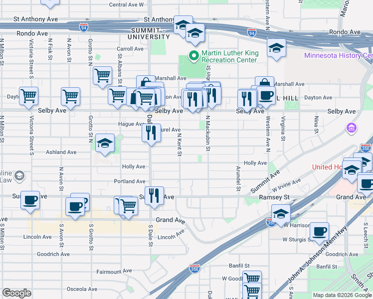 map of restaurants, bars, coffee shops, grocery stores, and more near 545 Ashland Avenue in Saint Paul