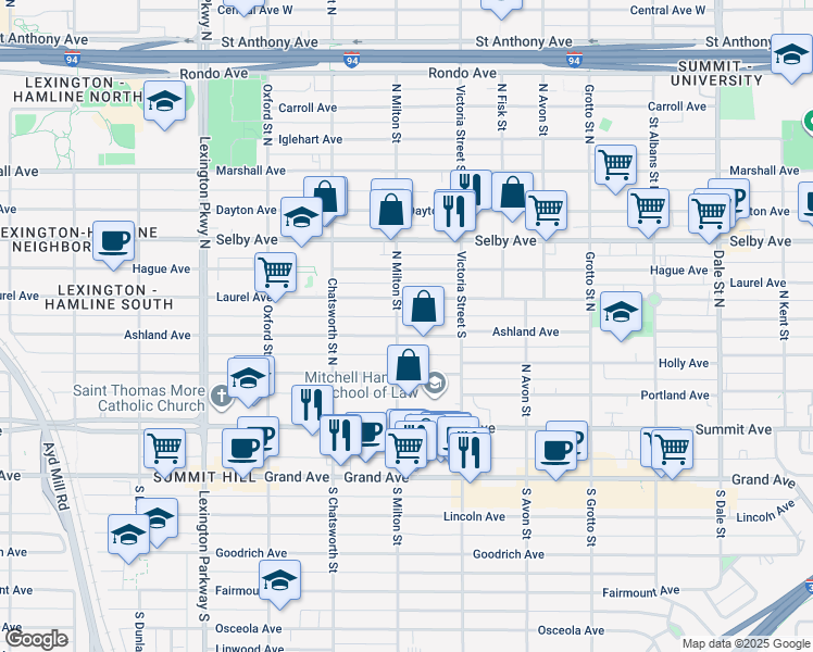 map of restaurants, bars, coffee shops, grocery stores, and more near 900 Laurel Avenue in Saint Paul