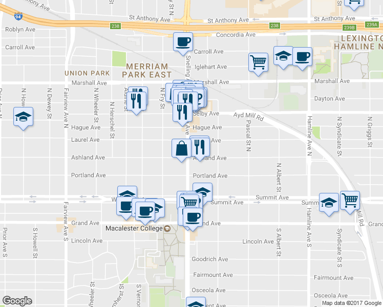 map of restaurants, bars, coffee shops, grocery stores, and more near 106 Snelling Avenue in Saint Paul
