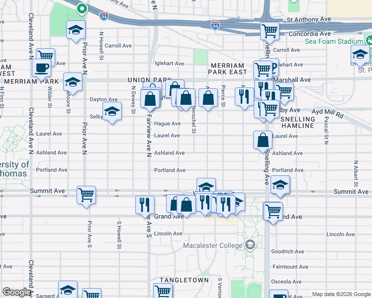 map of restaurants, bars, coffee shops, grocery stores, and more near 1737 Ashland Avenue in Saint Paul