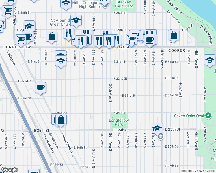 map of restaurants, bars, coffee shops, grocery stores, and more near 3214 36th Avenue South in Minneapolis