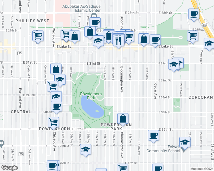 map of restaurants, bars, coffee shops, grocery stores, and more near 3207 14th Avenue South in Minneapolis