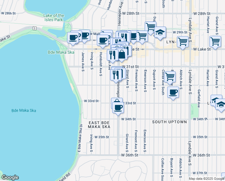 map of restaurants, bars, coffee shops, grocery stores, and more near 3202 Hennepin Avenue in Minneapolis