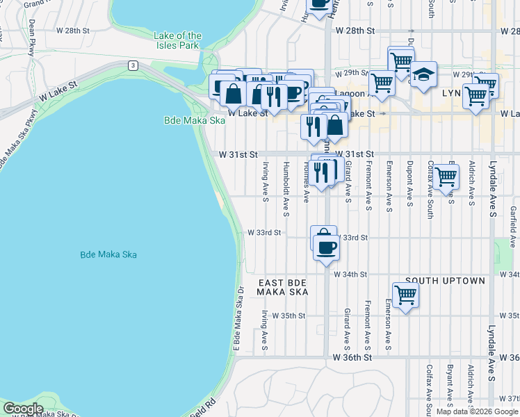 map of restaurants, bars, coffee shops, grocery stores, and more near 1611 West 32nd Street in Minneapolis