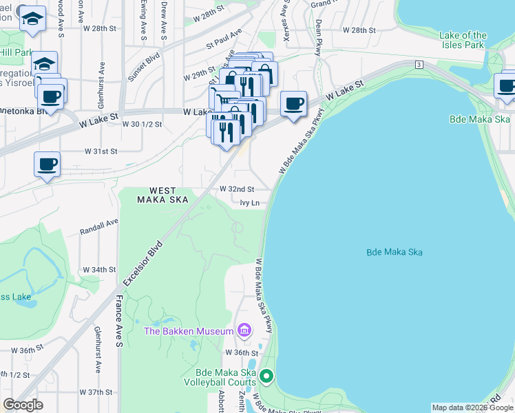 map of restaurants, bars, coffee shops, grocery stores, and more near 3326 Ivy Lane in Minneapolis