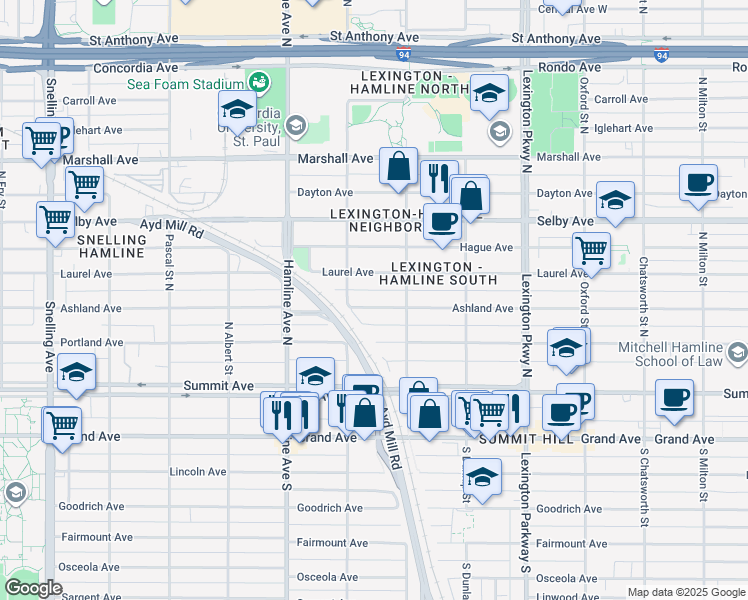 map of restaurants, bars, coffee shops, grocery stores, and more near 1253 Ashland Avenue in Saint Paul