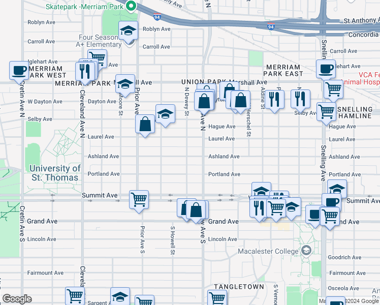 map of restaurants, bars, coffee shops, grocery stores, and more near 1847 Ashland Avenue in Saint Paul