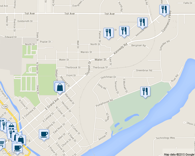 map of restaurants, bars, coffee shops, grocery stores, and more near 716 Dutchman Drive in Chippewa Falls