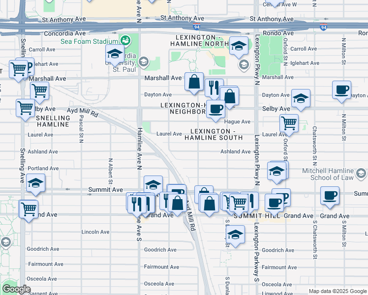 map of restaurants, bars, coffee shops, grocery stores, and more near 1249 Ashland Avenue in Saint Paul