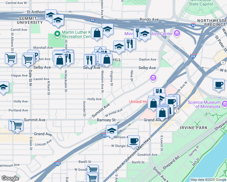 map of restaurants, bars, coffee shops, grocery stores, and more near 90 Virginia Street in Saint Paul