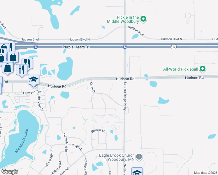 map of restaurants, bars, coffee shops, grocery stores, and more near Hudson Road in Woodbury