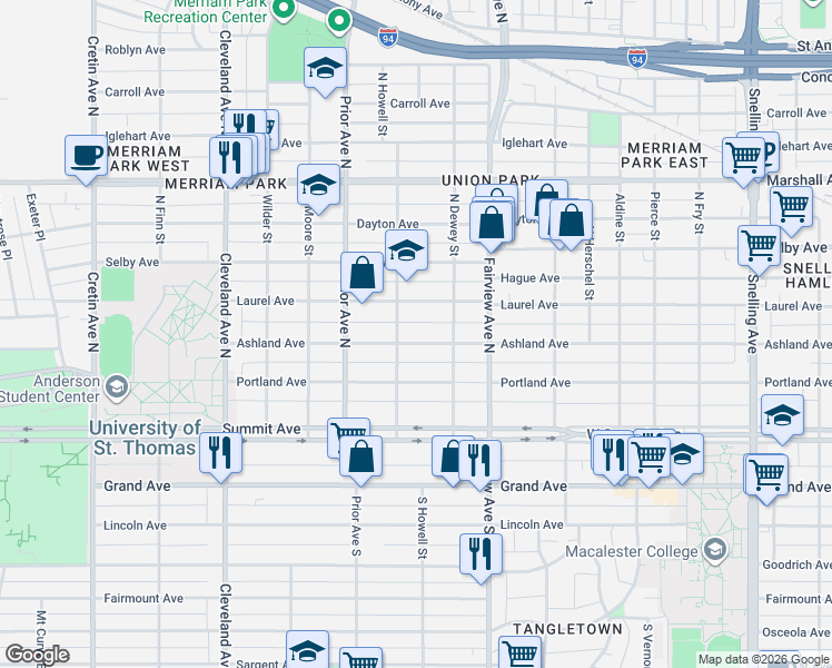 map of restaurants, bars, coffee shops, grocery stores, and more near 1887 Ashland Avenue in Saint Paul