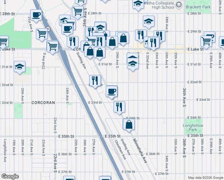 map of restaurants, bars, coffee shops, grocery stores, and more near 3213 Minnehaha Avenue in Minneapolis