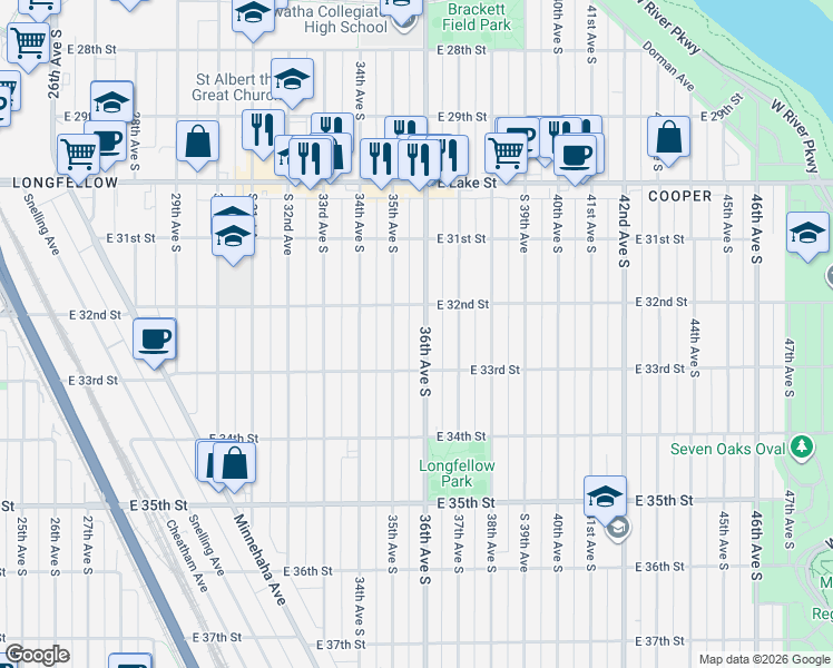map of restaurants, bars, coffee shops, grocery stores, and more near 3214 36th Avenue South in Minneapolis