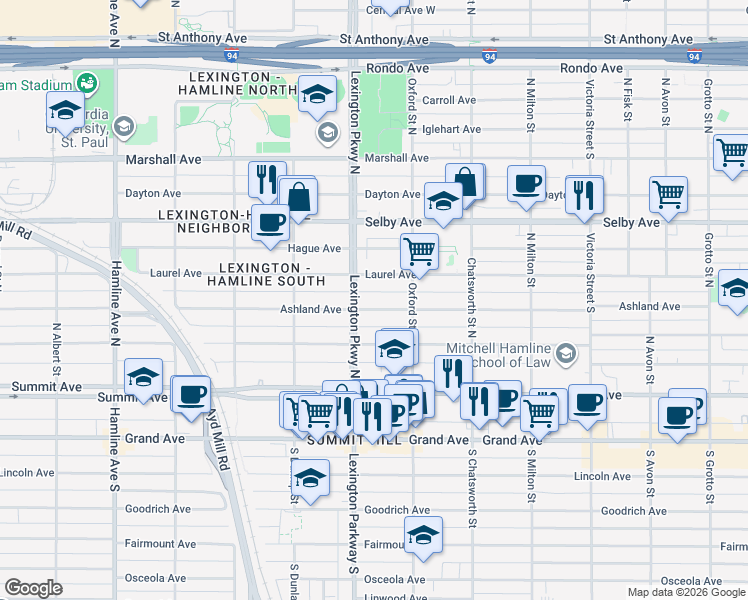 map of restaurants, bars, coffee shops, grocery stores, and more near 1076 Laurel Avenue in Saint Paul