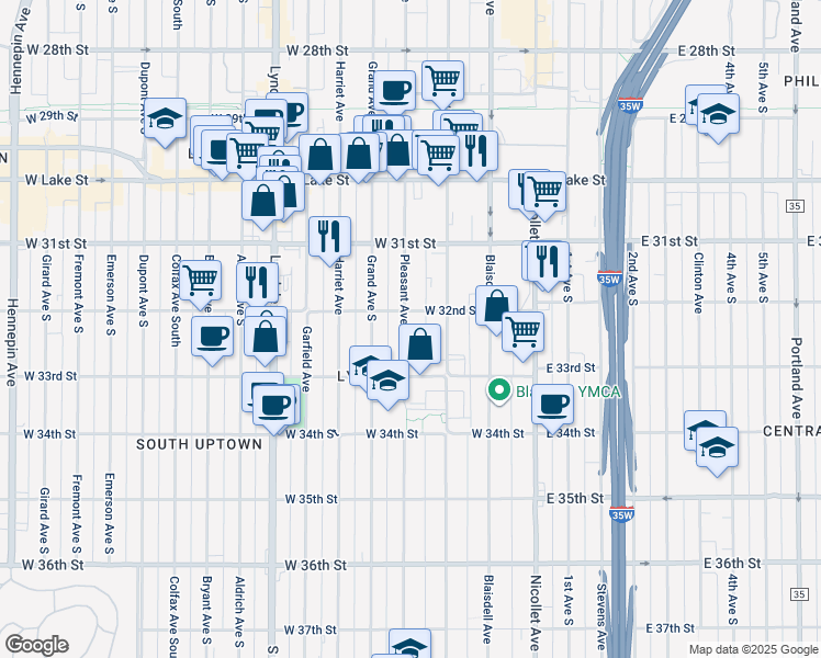 map of restaurants, bars, coffee shops, grocery stores, and more near 3215 Pleasant Avenue in Minneapolis