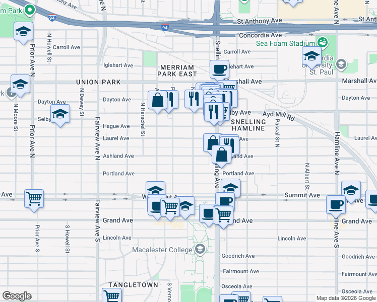 map of restaurants, bars, coffee shops, grocery stores, and more near 103 North Fry Street in Saint Paul