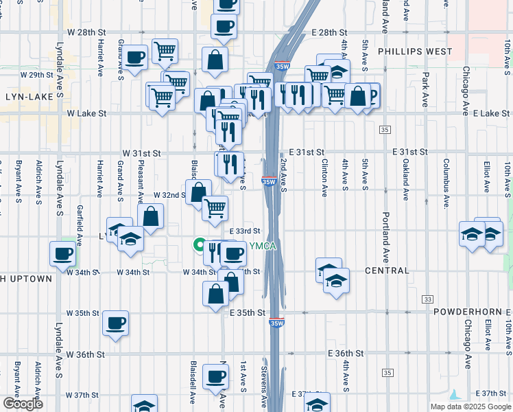 map of restaurants, bars, coffee shops, grocery stores, and more near 3231 1st Avenue South in Minneapolis