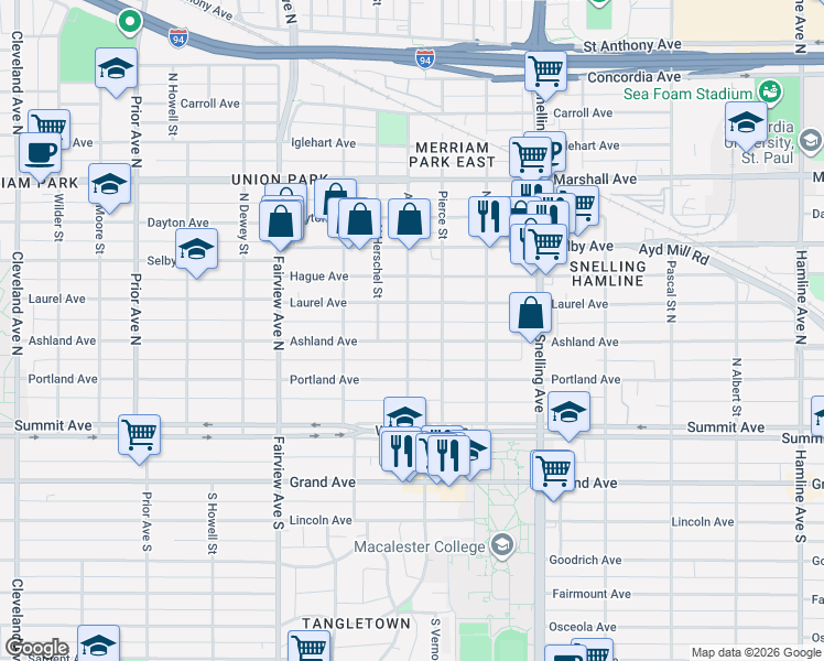 map of restaurants, bars, coffee shops, grocery stores, and more near 1703 Ashland Avenue in Saint Paul