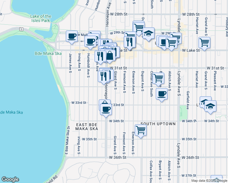 map of restaurants, bars, coffee shops, grocery stores, and more near 3201 Girard Avenue South in Minneapolis