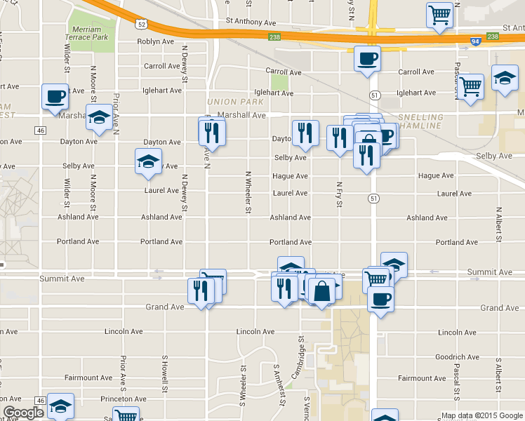 map of restaurants, bars, coffee shops, grocery stores, and more near 1737 Ashland Avenue in Saint Paul