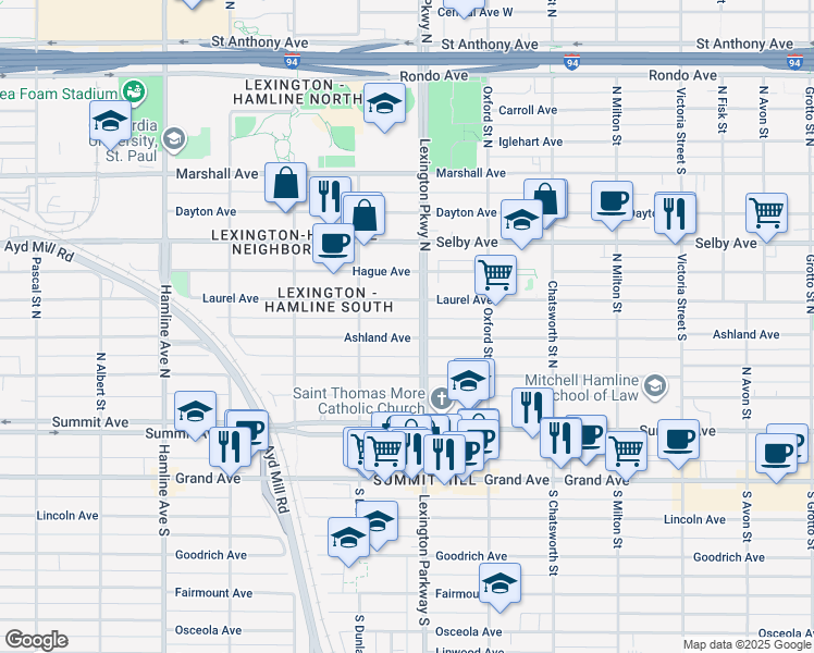 map of restaurants, bars, coffee shops, grocery stores, and more near 91 Lexington Parkway North in Saint Paul