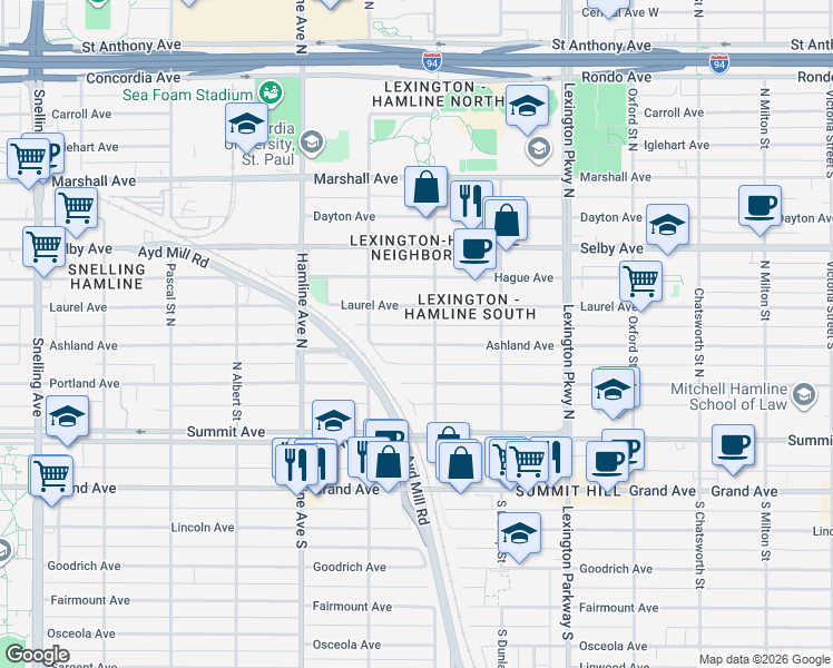 map of restaurants, bars, coffee shops, grocery stores, and more near 1249 Ashland Avenue in Saint Paul