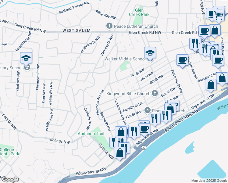 map of restaurants, bars, coffee shops, grocery stores, and more near 800 Rosemont Avenue Northwest in Salem