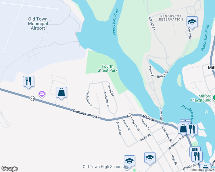 map of restaurants, bars, coffee shops, grocery stores, and more near 54 Sewall Drive in Old Town