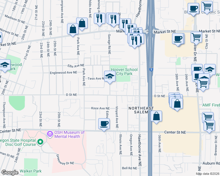 map of restaurants, bars, coffee shops, grocery stores, and more near 1075 Savage Road Northeast in Salem