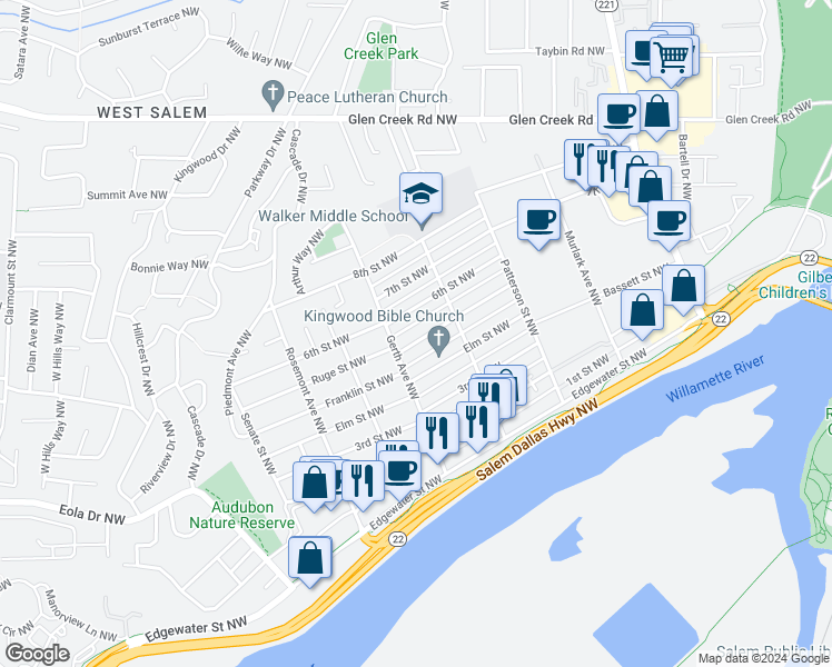 map of restaurants, bars, coffee shops, grocery stores, and more near 1161 Ruge Street Northwest in Salem