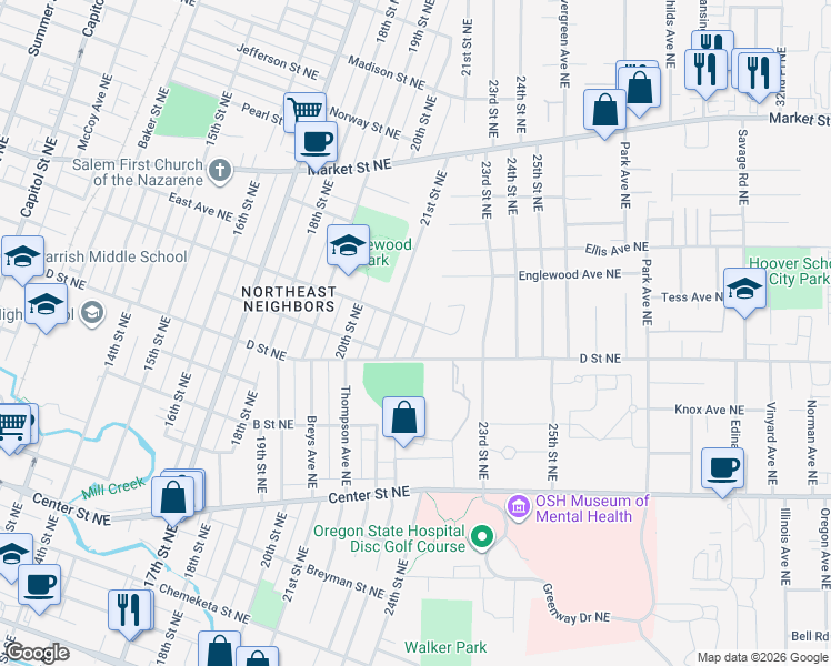 map of restaurants, bars, coffee shops, grocery stores, and more near 2170 Nebraska Avenue Northeast in Salem