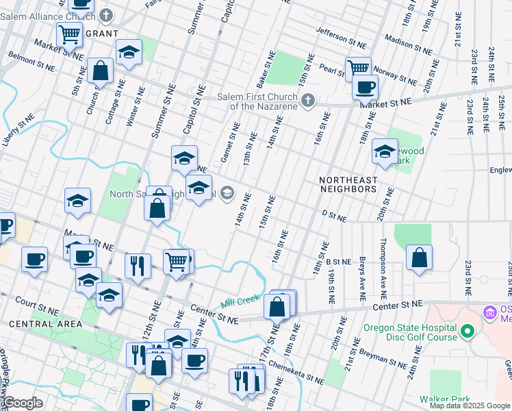 map of restaurants, bars, coffee shops, grocery stores, and more near 830-874 14th Street Northeast in Salem